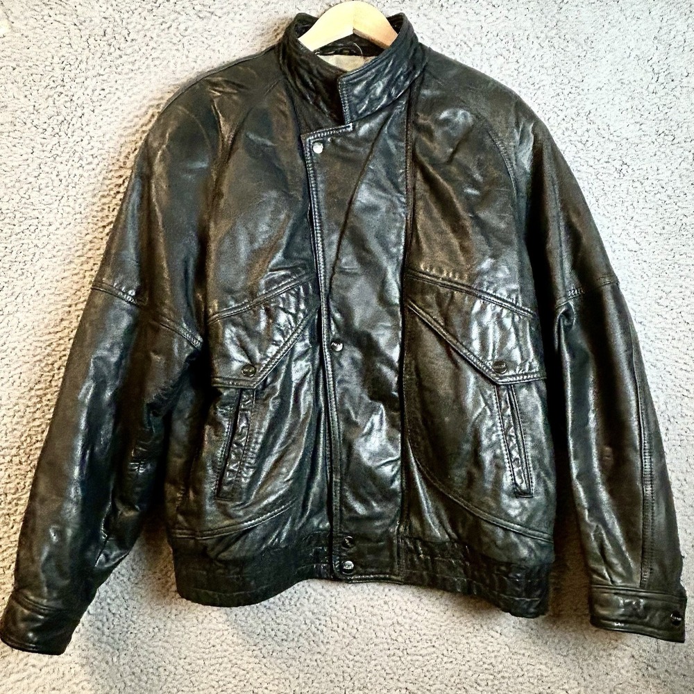Vintage Fly High Adler Black Leather Flight Bomber Jacket Mens Size Large